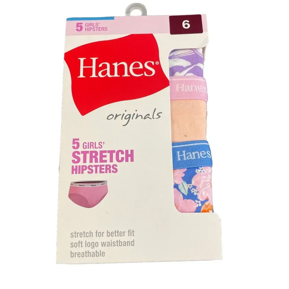 Hanes size 6 Girls Boyshorts & Hipsters, Cotton Stretch Underwear, 5 pk